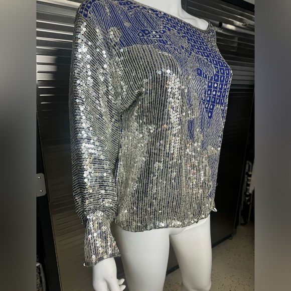 Judith Ann Creations Silk Sequin Blouse Blue Medium - Picture 2 of 12